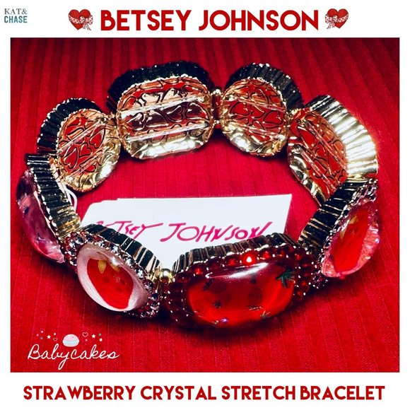 Betsey Johnson Babycakes Strawberry Stretch Bracelet Red Pink Crystal Food Berry - Picture 10 of 11
